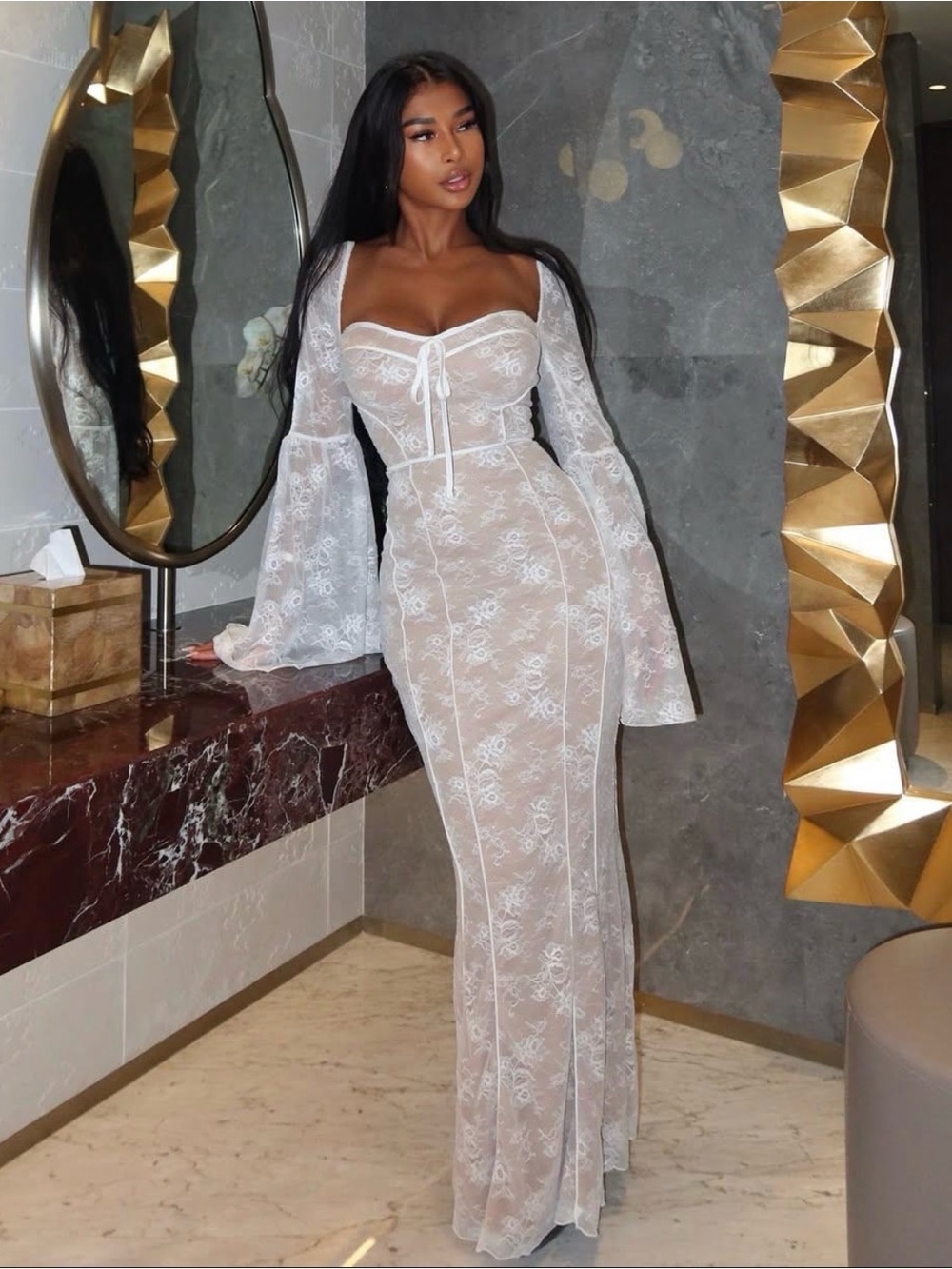 Fashion Nova White Sheer Lace Long Sleeve Maxi Dress